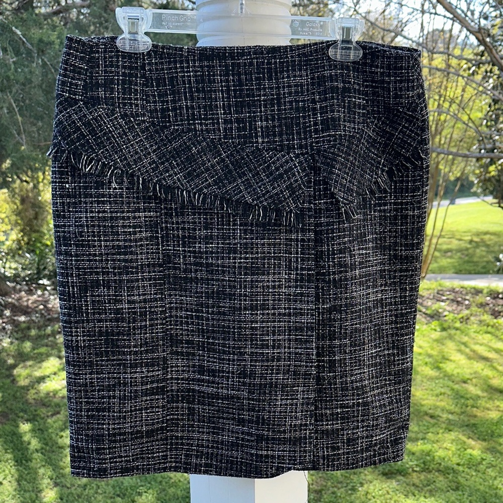 Cato Black, White Tweed Fringe Pencil Skirt with gold thread